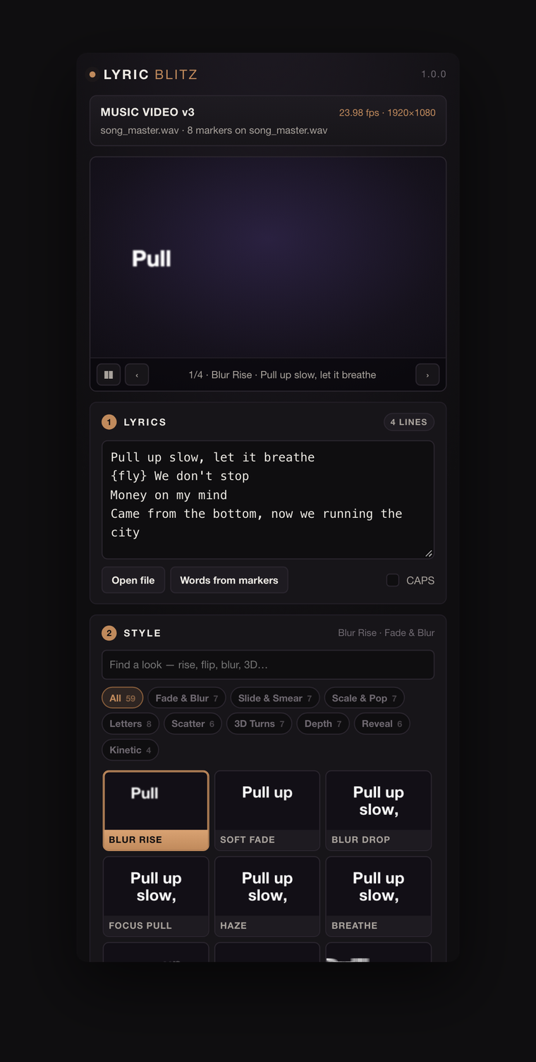 The Lyric Blitz panel in After Effects — live preview, lyrics box and the look grid