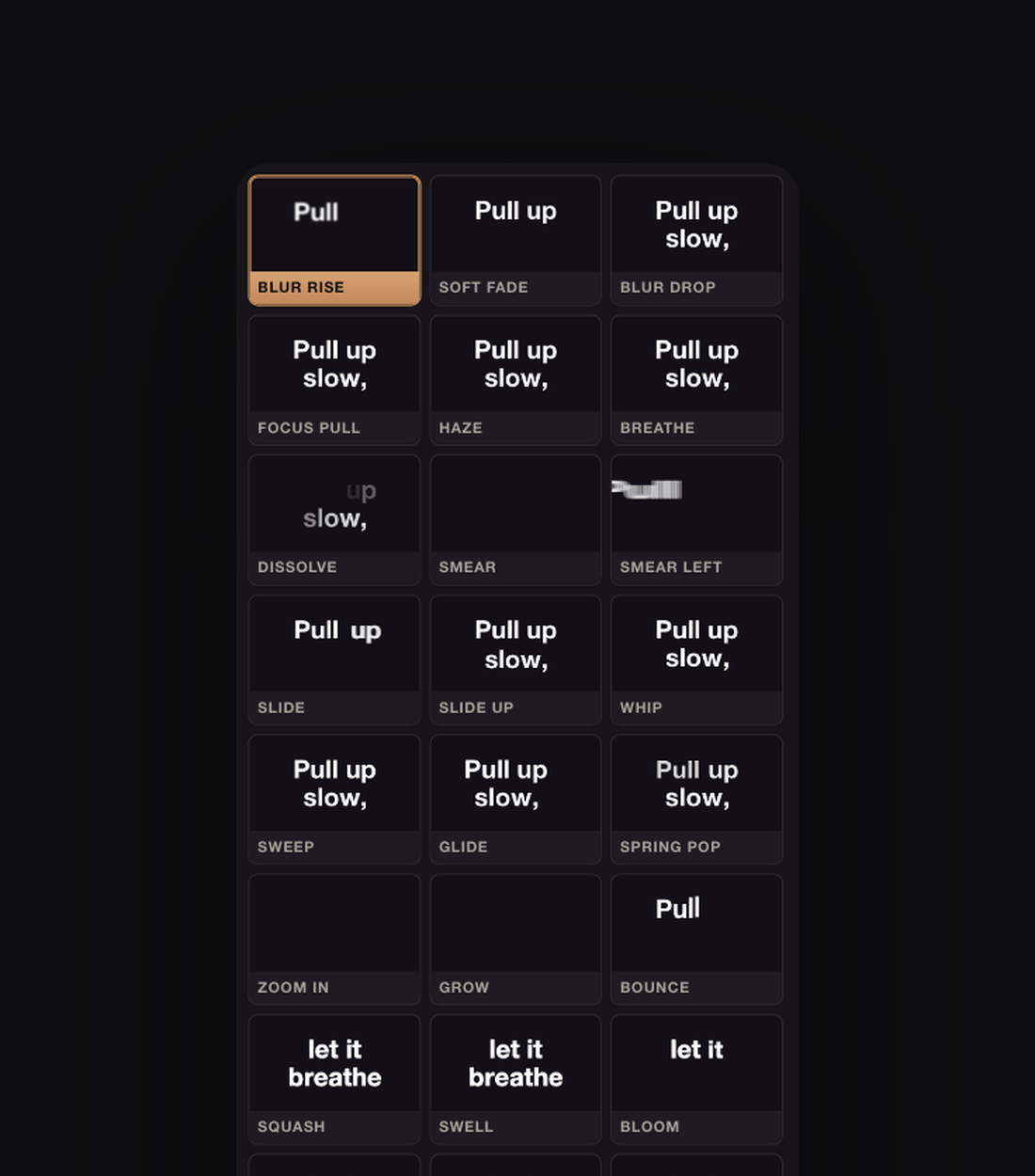 The Lyric Blitz look grid — 59 tiles, each one animating a live preview of the lyric